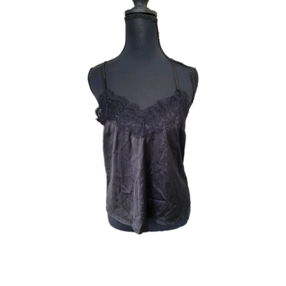 Unbranded Womens S Black Satin Whimsygoth Y2K Lace Trim Tank Top